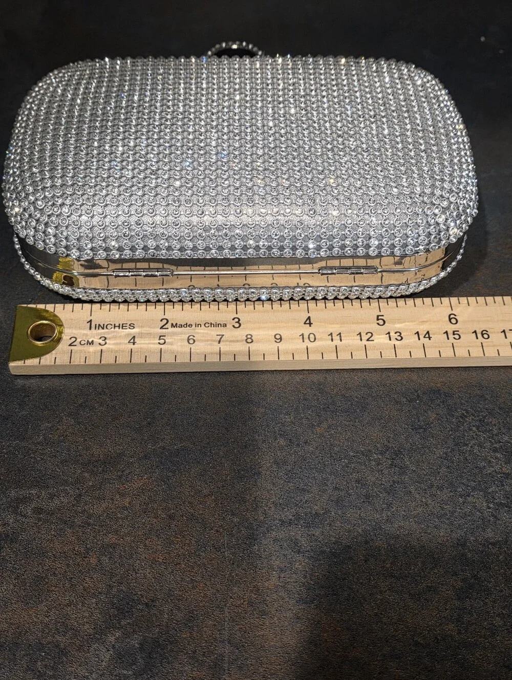 Silver Crystal Evening Clutch Bag with Ring Handle